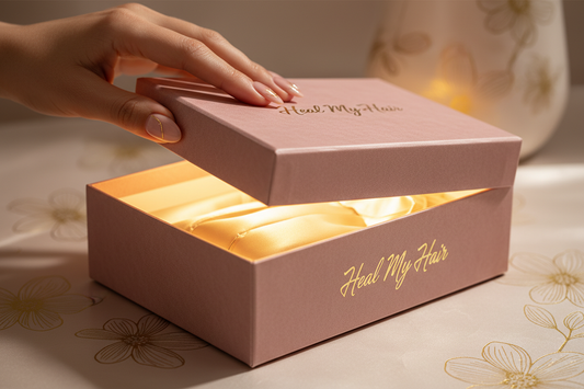 pink mailer box being opened by a female manicured hand, light glows from the box as it opens. think luxury. the brand name is Heal My Hair. golds and pinks 